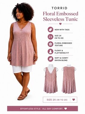 Torrid Pink Mauve Top Tunic Floral embossed Sleeveless NWT 2X or 18 to 20 RTL 45